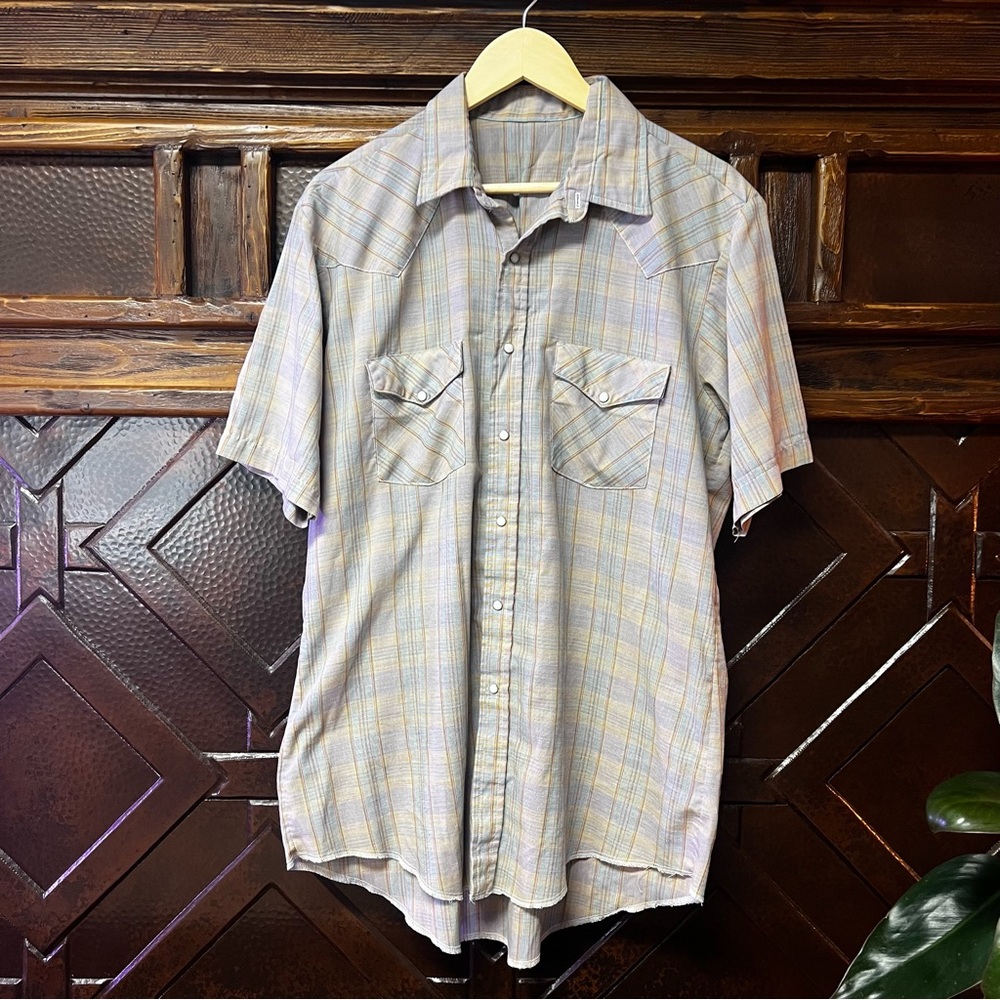 Vintage Men's Plaid Pearl Snap Short Sleeve Shirt - Size Large